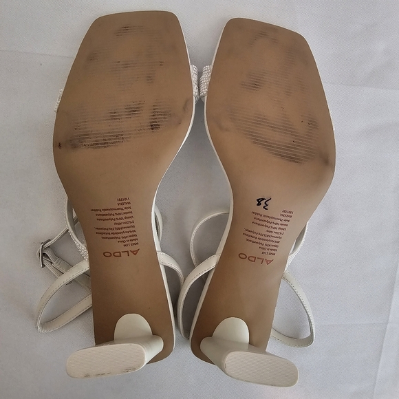 Aldo Square Toe White Pearl Embellished Strappy Heels - Picture 9 of 12